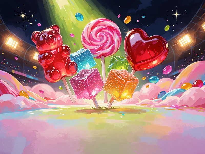 Błyszczące żelki, lizaki i cukierki na tle różowych chmur - kolorowa ilustracja slotu Sugar Rush 1000