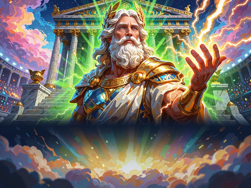 Brodaty bóg piorunów w laurowym wieńcu przed marmurową świątynią - ilustracja slotu Gates of Olympus